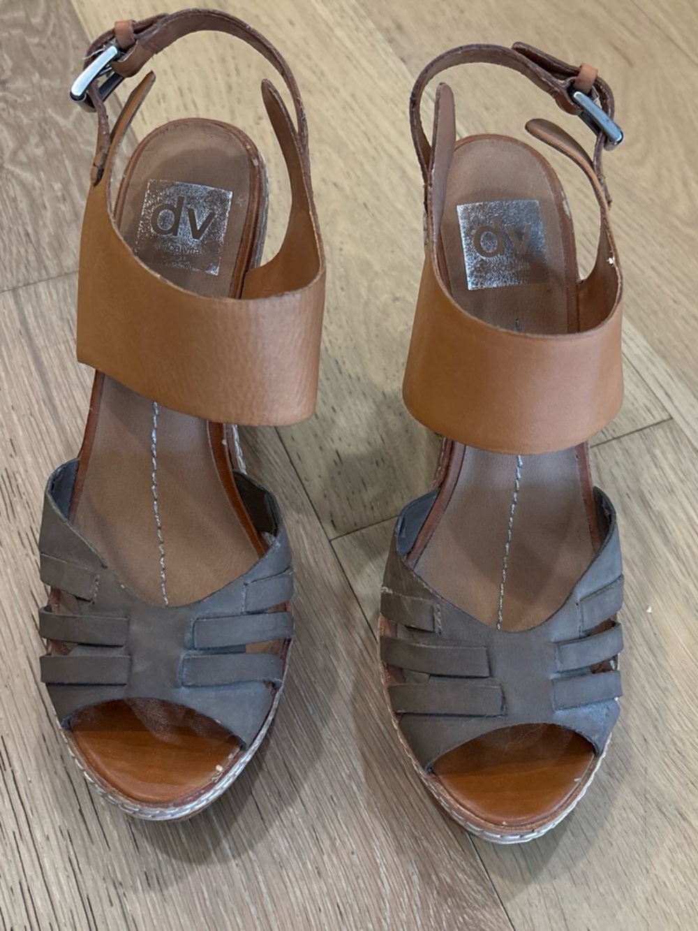 DV by Dolce Vita Tan and Gray Leather Wedge Sandals